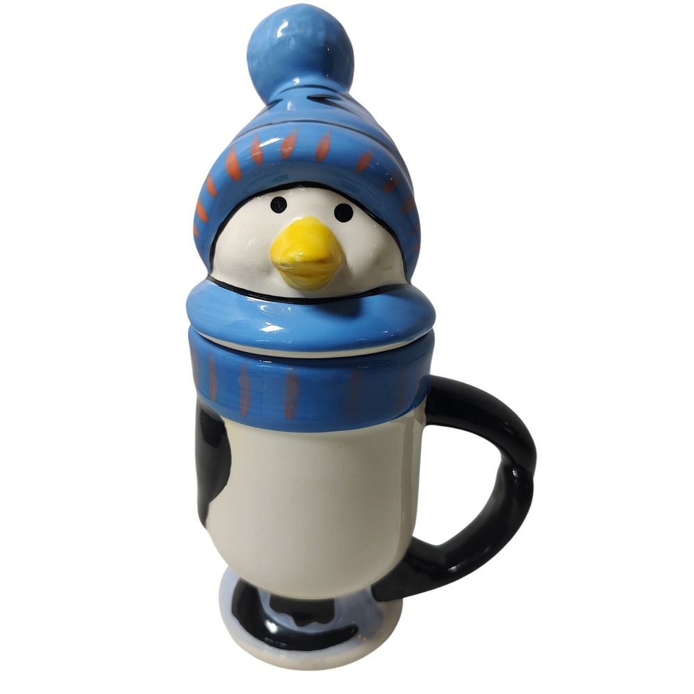 Pfaltzgraff Mug Penguin Skate Pedestal Footed‎ Covered Hot Chocolate Coffee Cup